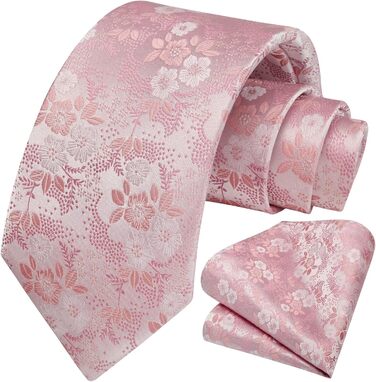 Краватка чоловіча HISDERN 160 см з кишеньковим хустинкою. Шовкова краватка для весілля та ділових зустрічей. Елегантний дизайн (E Рожеві квіти)