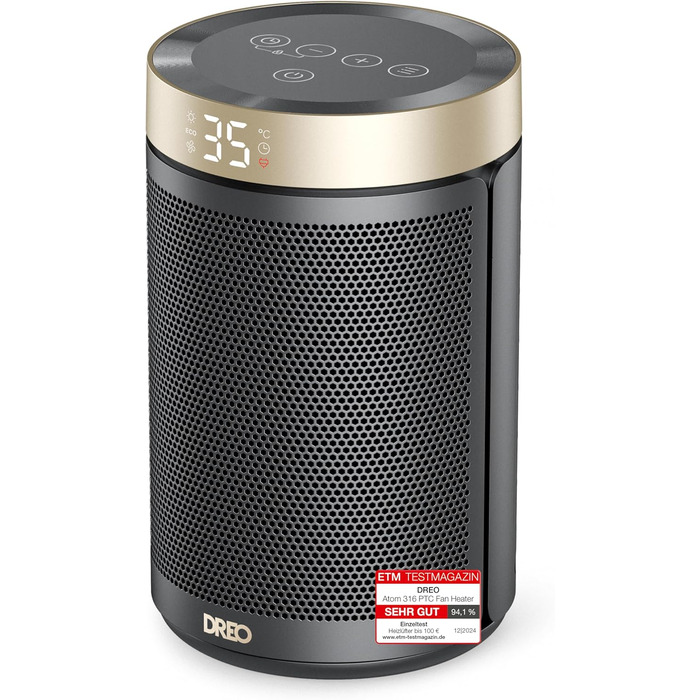 Електричний обігрівач Dreo Atom 316: тихий, 1500W, керамічний PTC, термостат, захист від перегріву та перекидання, таймер 12 годин. Підходить для спалень та інших кімнат.