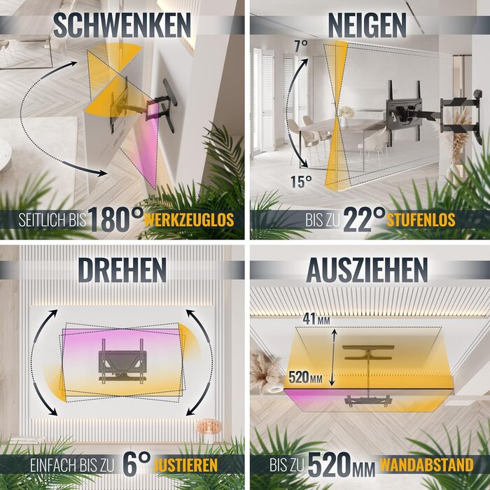 Кріплення для телевізора RICOO S9544 - поворотне та нахильне, для телевізорів 40-65 дюймів, до 45 кг, VESA 400x400 мм, універсальне, підходить для плоских та curved телевізорів