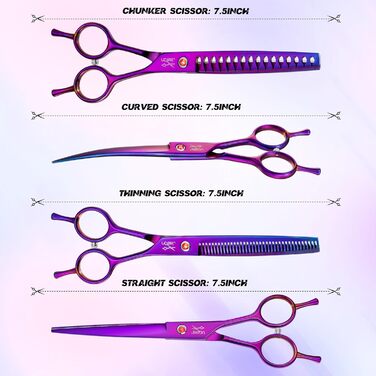 Професійна вигнута ножиця для собак JASON - 7,5' ножиця для грумінгу собак з японської нержавіючої сталі. Ножиці для догляду за шерстю собак та котів (вигнуті, фіолетові) (комплект Tl-set)