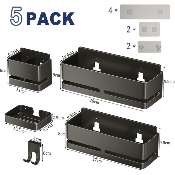 Набір полиць для ванної кімнати (5 шт.) з мильничкою та тримачем для зубних щіток, без свердління, сірий