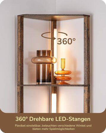 LED торшер EDISHINE з 4 дерев'яними полицями, регульоване освітлення, 3 колірні температури, поворотний світловий стержень, підсвічування полиць, футовий вимикач, вінтажний коричневий