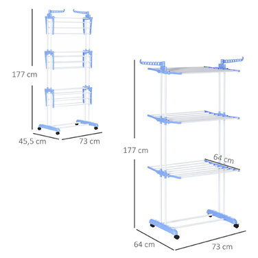 HOMCOM Clothes Dryer Rotary Clothes Airer 73 x 64 x 177cm Extendable with Wheels 4 Levels for Indoor and Outdoor Use Steel Blue