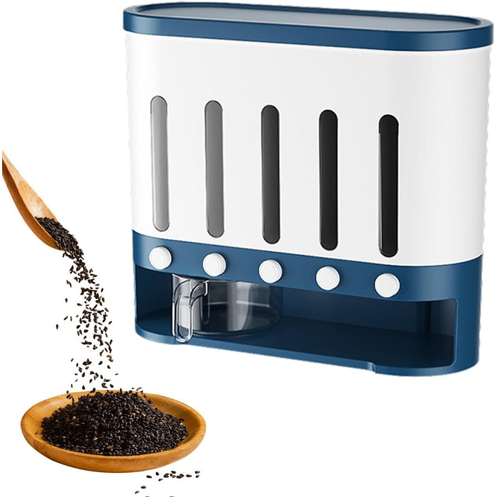 Traveler Dispenser with 5 Compartments, Wall-Mounted Cereal Dispenser, 9 kg, Thickened Container, Moisture-Resistant, Grain Container, Bucket, Rotating Food Dispenser, Household Kitchen, Candy Dispenser