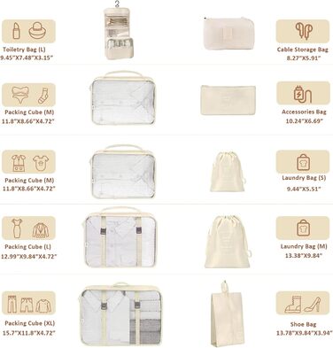 Органайзер для валізи 10 шт. Набір Packing Cubes для одягу, Travel Organizer, Набір кубиків-органайзерів для валізи, рюкзака, ручної поклажі (бежевий)