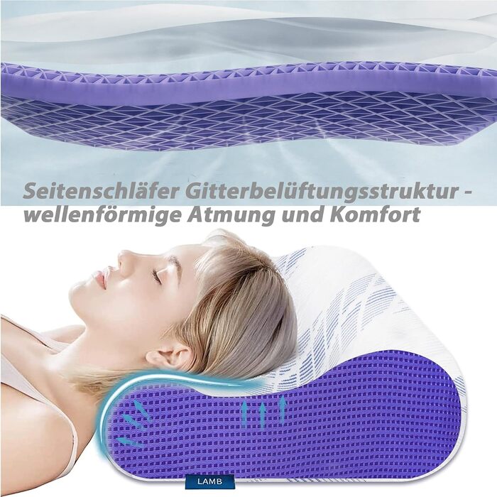 Ергономічна подушка для шиї та голови LAMB з ефектом пам'яті (Memory Foam), регульована висота, для сну на боці, з мийним чохлом, 60x36x12/10 см, синя