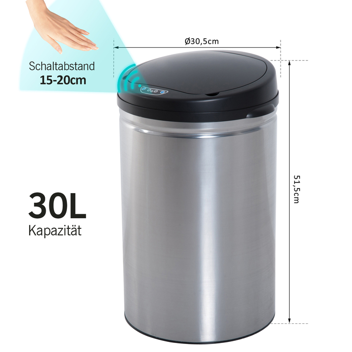 HOMCOM Automatic Sensor Trash Can - Waste Bin with IR Sensor, Round, 30L, Optional Inner Bucket, Stainless Steel | Aosom