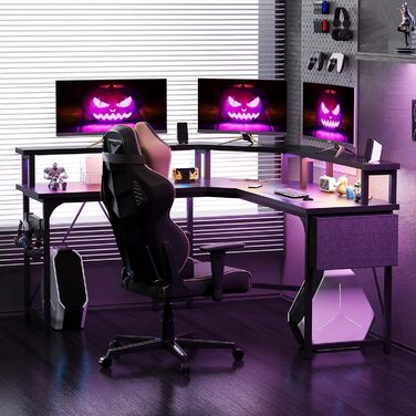 Ігровий стіл 153x153 см L-подібний з LED підсвіткою, 2 розетками, 2 USB портами, полицею для монітора, кутовий комп'ютерний стіл, вугільно-чорний
