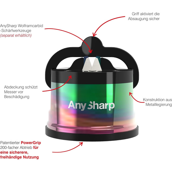 AnySharp Pro металевий точильник для ножів, безпечний, з присоскою PowerGrip, для кухонних ножів з твердого сталі та серрейтором, найкраща якість