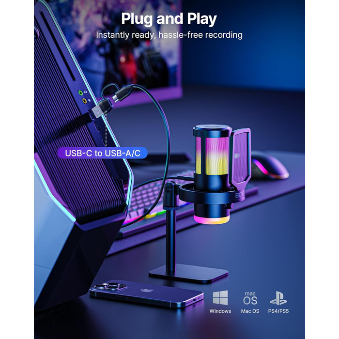 BOYA G30 USB Мікрофон для Ігор та Стрімінгу з RGB підсвіткою, шумозаглушенням, поп-фільтром. Конденсаторний мікрофон для ПК/PS4/PS5
