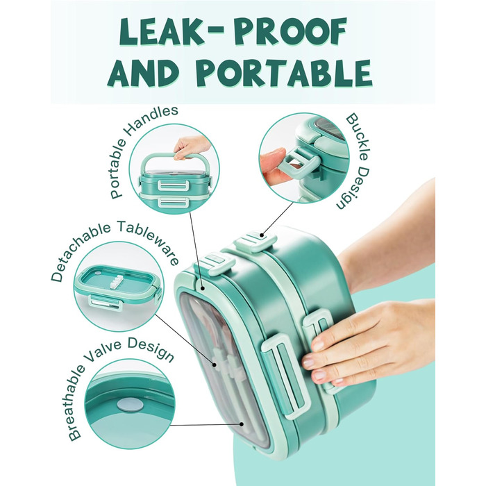 Ланчбокс Lille Home з 2 ярусами, 4 відділення, 1650 мл, з посудом, BPA-free, не протікає (Зелений)