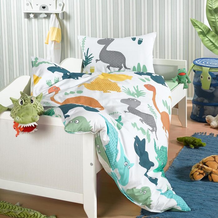 Комплект постільної білизни BaSaTex для дітей | 100x135 см + 40x60 см | 100% бавовна | Зіп-застібка | Світ динозаврів | Кольоровий