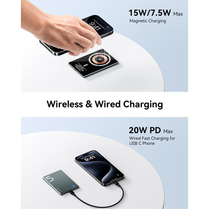 Power Bank Kuulaa Ultra Slim Magsafe, 5000mAh, Бездротова зарядка, Type-C, 20W, для iPhone 15/14/13/12, Space Gray