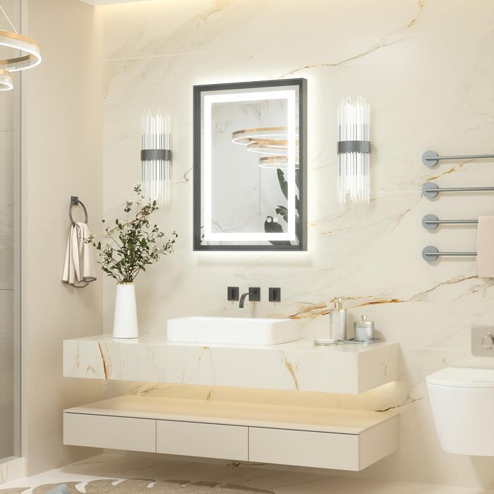 Дзеркало для ванної кімнати Keonjinn з підсвічуванням, чорний металевий каркас 50x70 см. LED-дзеркало з антизапотіванням, сенсорним вимикачем, 3 кольори світла, регулювання яскравості, функція пам'яті. Настінне дзеркало з чорним каркасом 70x50 см