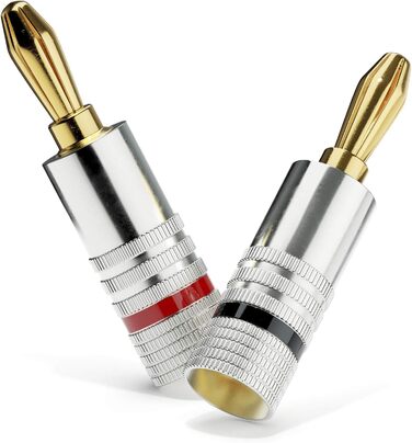 Бананові конектори Sonero® для акустичних кабелів до 6 мм², 4 шт. з кольоровим кодуванням (12x червоний, 12x чорний), 24K позолота (8 шт., High-End, Single)