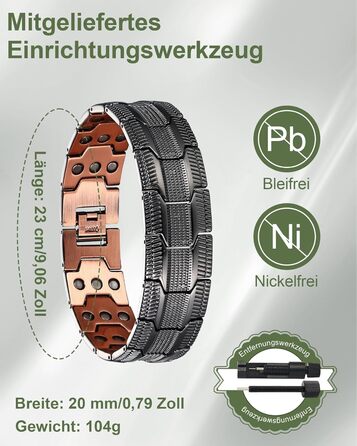 Браслет чоловічий MagEnergy з міді, 3 магніти, регульована довжина, чорний