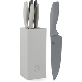 MasterChef 5-Piece Knife Block Set - Stainless Steel Kitchen Knife Set with Chef's Knife, Santoku, Bread Knife, Utility Knife & Vegetable Knife - Sharp, Black Soft-Touch Handles
