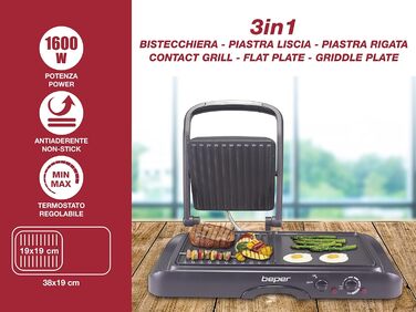 BEPER Electric Grill with Glass Lid - Non-Stick Coated Plate, Stainless Steel, 1600W