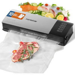 Портентум Вакуумний пакувальник для продуктів харчування з 10 безкоштовними пакетами – Вакуумний апарат для їжі – Фольгопакувальник з потужним всмоктуванням та корпусом з нержавіючої сталі, Чорний