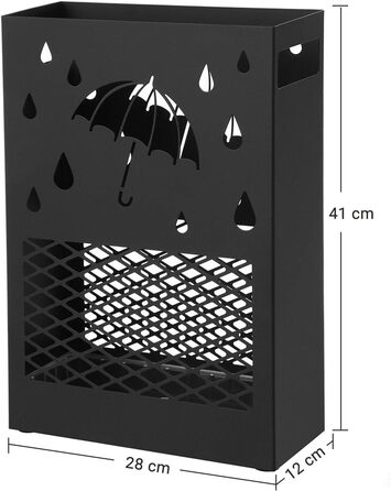 SONGMICS Metal Umbrella Stand with Water Tray, 4 Hooks, Cutout Design - Black for Entryway & Office