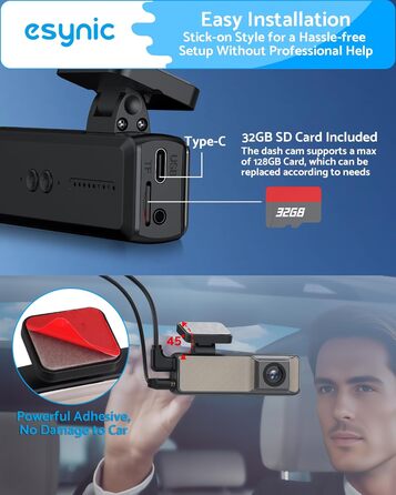 eSynic Mini Dashcam: Автомобільний відеореєстратор з Wi-Fi, 1080P Full HD, 160° Кут огляду, Нічне бачення, G-сенсор, Паркувальний режим, Керування через додаток, 32GB SD-карта в комплекті (Дві камери - передня та задня)
