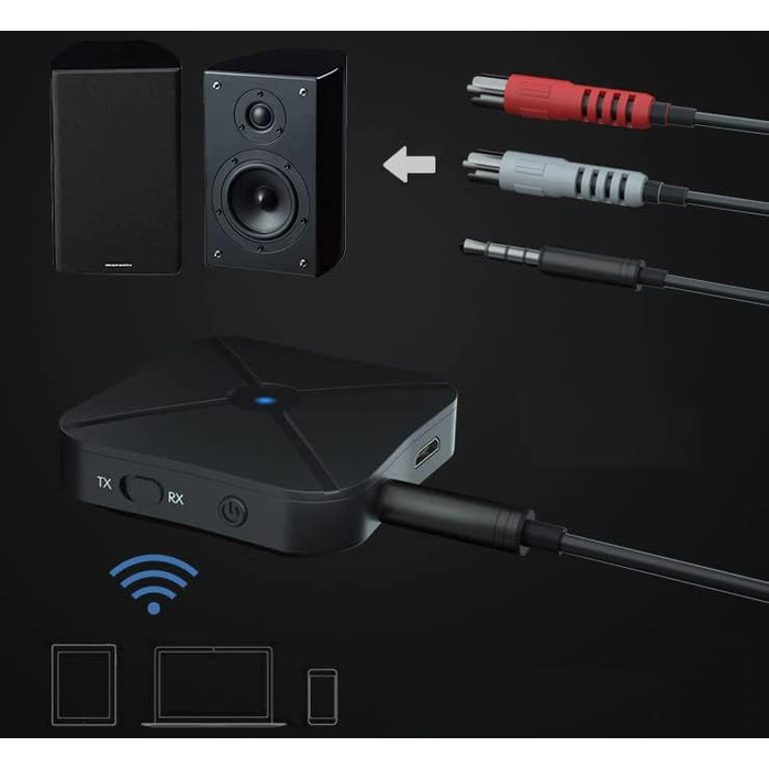 Передавач аудіо Retoo 2-в-1 Bluetooth адаптер з кабелями Aux 3.5mm та RCA, передавач/приймач, бездротовий, для авто, TV, стерео, HiFi, колонки, навушники, низька затримка