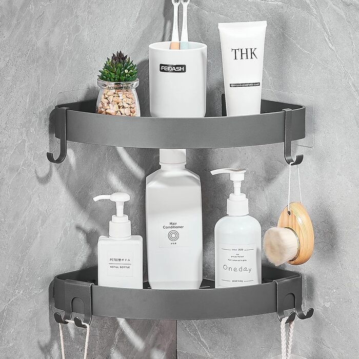 GERUIKE Shower Shelf Shower Caddy Corner No Drilling Wall Mount Adhesive Pad Grey Matte Aluminum 2 Pack Shower Gel Shampoo Holder Corner Shelf Corner Rack for Shower Bathroom Kitchen
