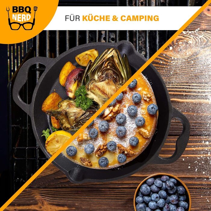 Чавунна сковорода BBQ Nerd для гриля 35 см з носиком і ручками, антипригарна, жаростійка, для смаження та запікання, 4550 г