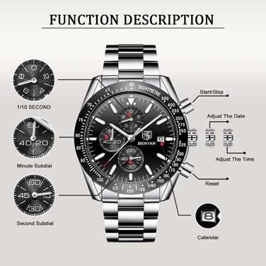 Чоловічий годинник BENYAR з хронографом, кварцовий, водостійкий 30M, з датою, для активного відпочинку, спортивний, шкіряний (чорний)