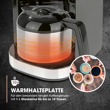 Кавомашина Barista Filterkaffeemaschine з регульованим млинком та термокружка | Функція підігріву, таймер 24 год та перманентний фільтр | Для 10 чашок кави | Кавомашина для зерен та меленої кави [Нержавіюча сталь] 5) Нержавіюча сталь - термокружка - з мли