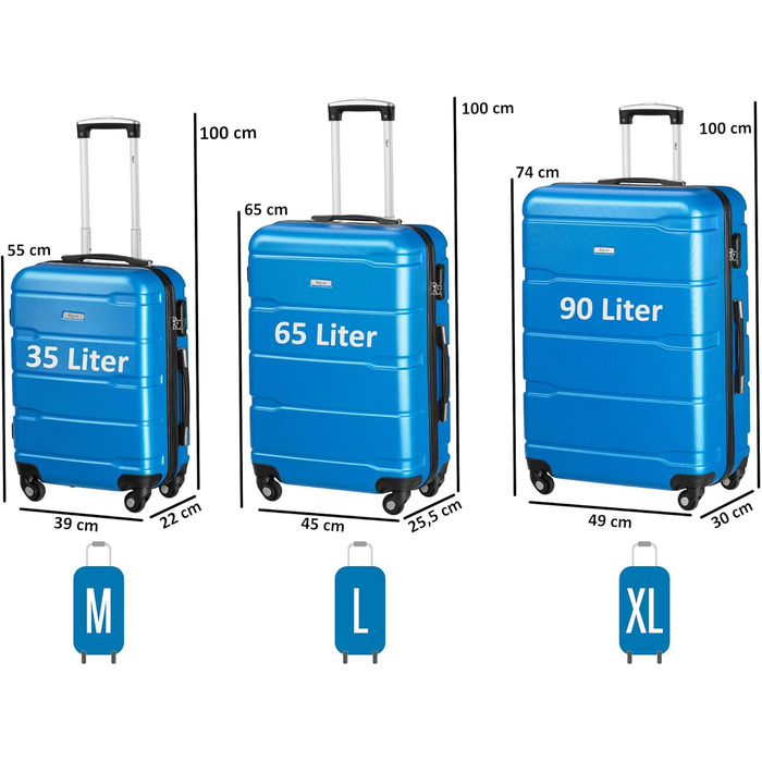 Набір валіз Zelsius 4 шт. з ABS, з кодовим замком, 4 колеса, внутрішній роздільник | Набір валіз з твердим корпусом, великі валізи, набір багажу, ручна валіза (Блакитний, 3 шт.)