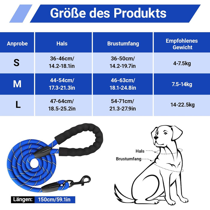 Нашийник для собак великих порід з ручкою, не тягне, дихаючий, з підкладкою, безпечний, світловідбиваючий, з поводом, для тренувань та активного відпочинку, блакитний