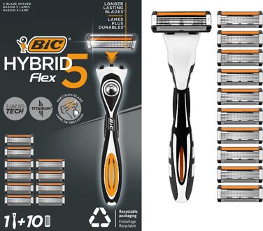 Чоловіча бритва BIC Hybrid 5 Flex, набір з 10 змінних касет по 5 лез, з алое вера та вітаміном E, з тримером для точного гоління