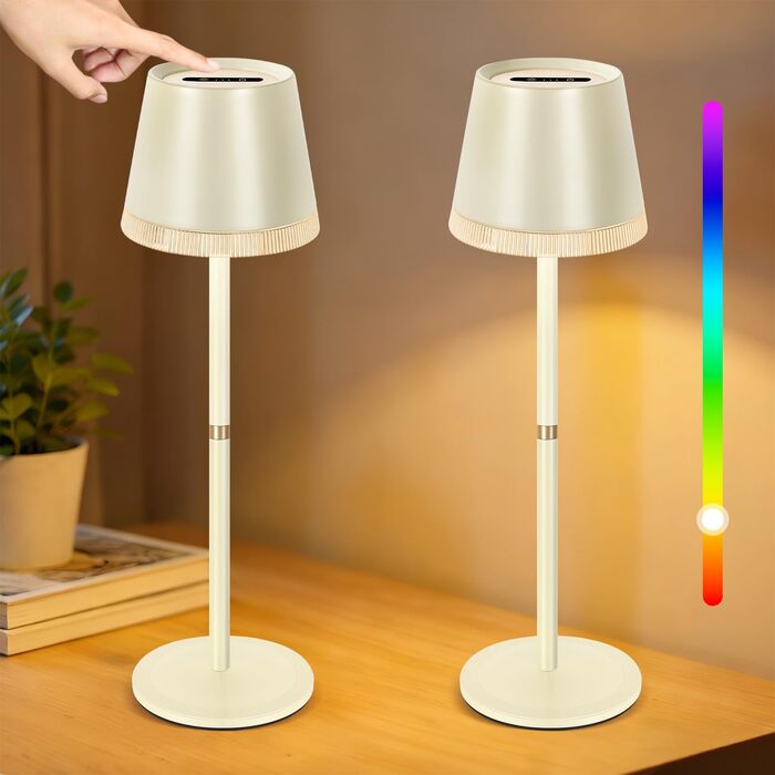 Світлодіодний акумуляторний настільний світильник OUTON бездротовий з RGB підсвіткою, сенсорне управління, димування, IP54, чорний (бежевий - 2 шт)