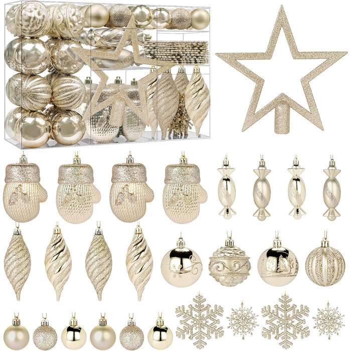 Набір прикрас на ялинку Alupssuc 80 шт. з різних форм, з гачками, для свят, вечірок та весіль, безпечний пластик, колір шампань-золото