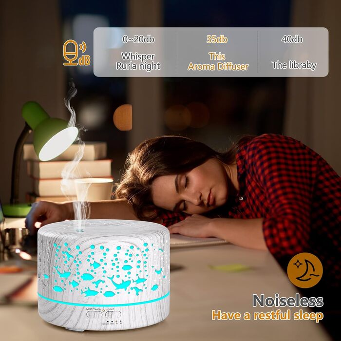 Аромадифузор Hianjoo 700 мл з таймером, ультразвуковий, LED, 7 кольорів, для офісу, йоги, спа, спальні - світле дерево (біла деревина)