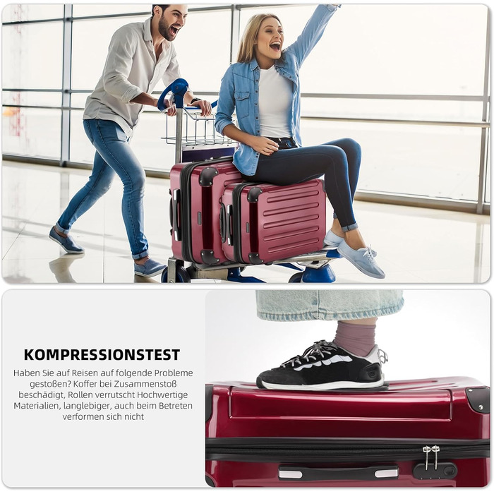 Набір валіз Beibye: 3 валізи з жорстким корпусом, ролер, для подорожей (червоний)