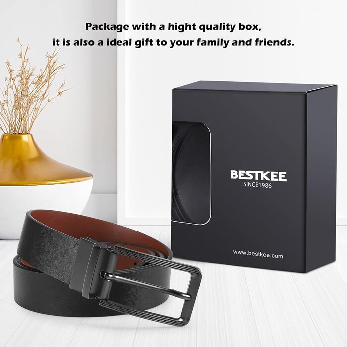 Чоловічий шкіряний ремінь BESTKEE 35 мм, обертається – для джинсів, штанів, гольф-одягу, чорний/коричневий, довжина 47' (для талії 40'-45')