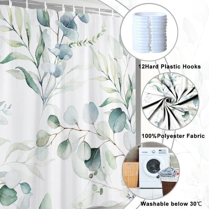 Штора для душу 120x200 см з евкаліптом, зелені листя, акварель, анти-грибок, водонепроникна, поліестер, з гачками для ванної кімнати