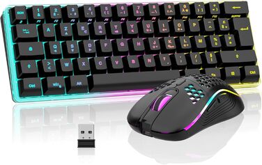 Бездротова ігрова клавіатура та миша RedThunder K62 60% RGB, AZERTY, 62 клавіші, Mini, для PC/PS5, чорний