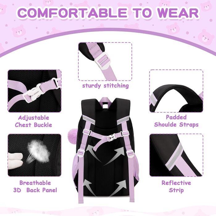 Дитячий рюкзак для дівчаток - шкільні сумки для учнів середньої школи - рюкзак для початкової школи, чорний та фіолетовий