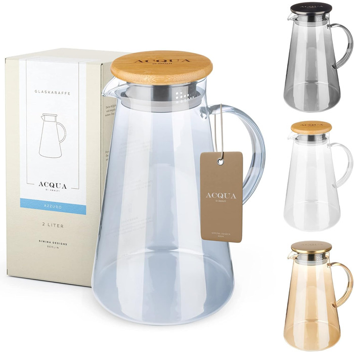 ACQUA DI AMALFI® Glass Carafe | Water Carafe 2 Liter with Stainless Steel/Bamboo Lid | Water Jug with Fruit Infuser | Leak-Proof | Carafe also as a Teapot (BLUE/BAMBOO)