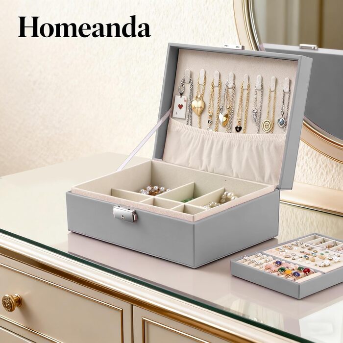 Шкатулка для прикрас Homeanda з замком, шкіряна, велика, сірого кольору (Ug-grau)