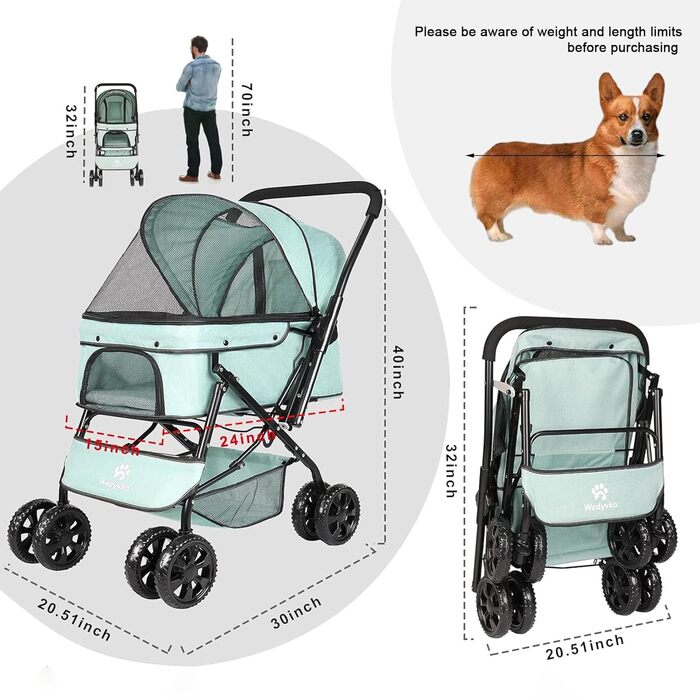 Візок для собак Wedyvko до 20 кг, 4 колеса, складаний, для маленьких та середніх собак та котів, з кошиком для зберігання та тримачем для напоїв (зелений)