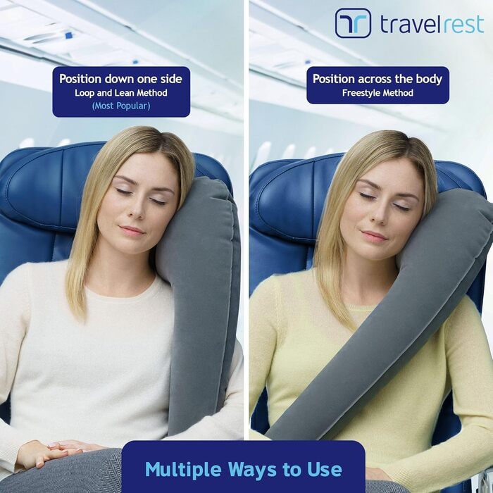 Travelrest Ultimate Travel Pillow for Neck and Body, Airplane and Car Seats, Inflatable, Space-Saving, for Sleeping on Long Flights, Naps on Road Trips, for Car and Bus Travel, Gray