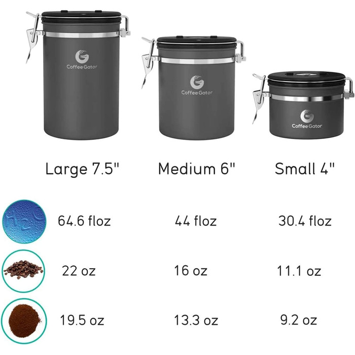 Контейнер для кави Coffee Gator з нержавіючої сталі, герметичний, з датою відкриття, клапаном CO2, мірною ложкою, для кавових зерен, меленої кави, горіхів, чаю, цукру, борошна, у подорожах, срібний, M/Mini