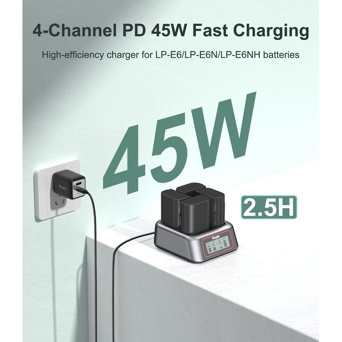 Зарядний пристрій King Ma для акумуляторів камер, 4-канальний, 45W PD, LED-дисплей, сумісний з Sony A7III/A7IV/A7RIII/A7RV/A7C/A7CII/A6700/A9/A9III/A1/ZV-E1/FX3/FX30