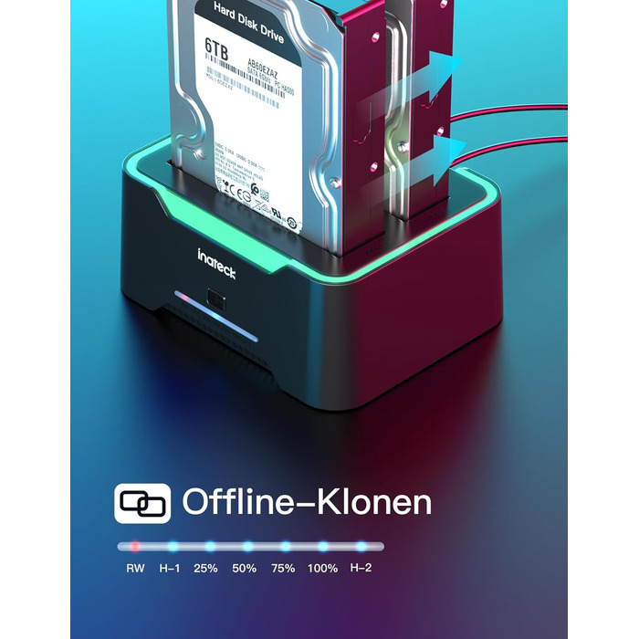 Док-станція Inateck USB 3.0 для HDD/SSD 2.5/3.5 дюймів, Dual-Dock, підтримка Offline-клонування, RGB, SA02002