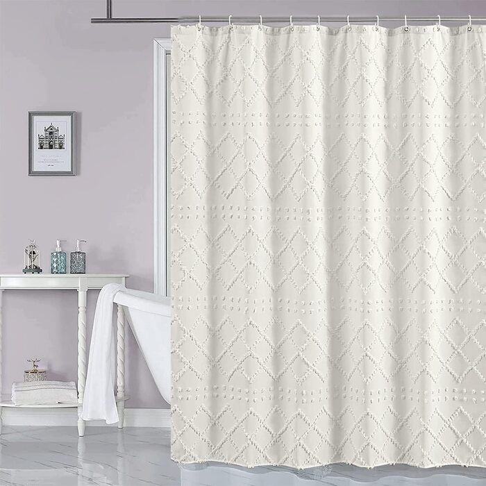 Штора для душу Boho-стиль, біла, 183x183 см, з 12 гачками, геометричний дизайн, для ванної кімнати