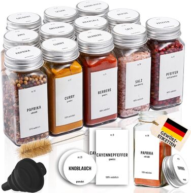 Скляні банки для спецій Deco haus® з кришкою та ситом [+Етикетки та сито] - Набір банок для спецій - Контейнери для спецій - Зберігання спецій - Організатор спецій (12 шт. - Білий)